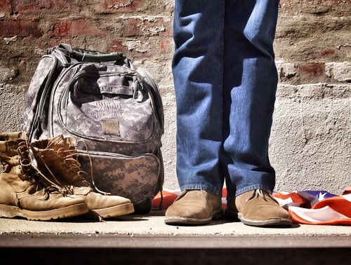 person standing next to army bag and boots